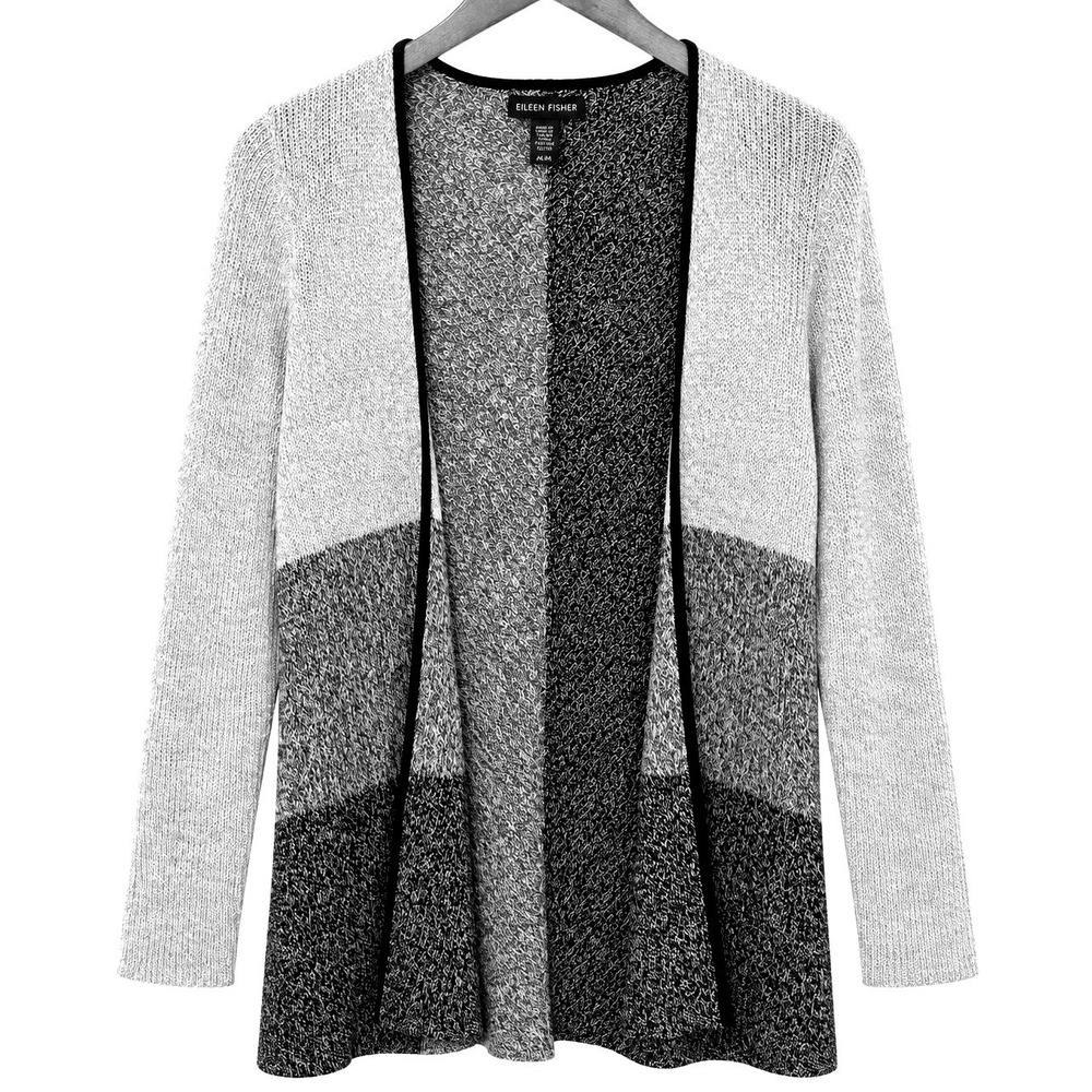 Eileen Fislineher Organic Linen Wool Cardigan Womens M Gray Black Open Longline